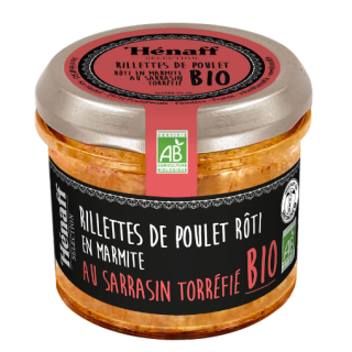 Roasted chicken rillettes in a pot with organic roasted buckwheat